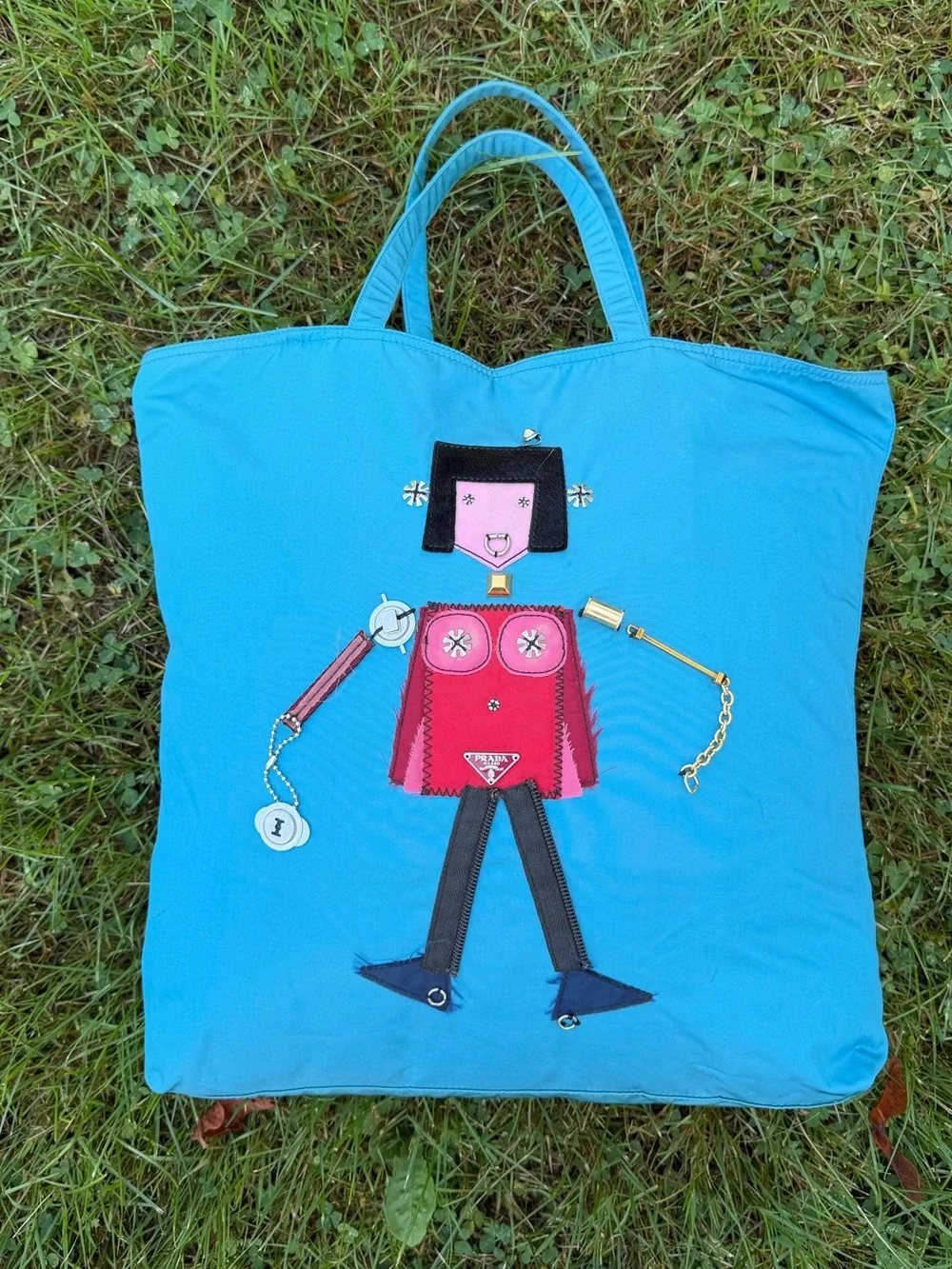 Vintage Prada Robot Blue Tessuto Appliqué Tote Bag Shopper